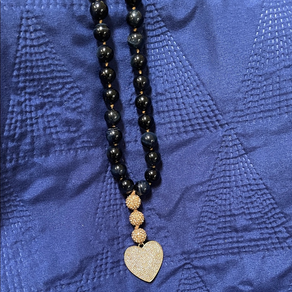 Elegant Blue Tiger’s Eye and Gold Heart Pendant Necklace